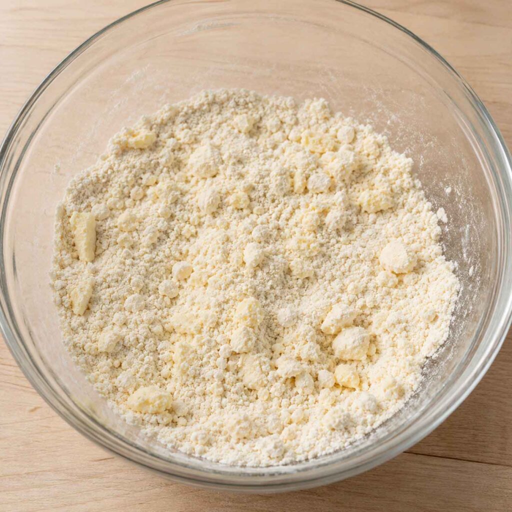 Pea sized dough in a glss bowl