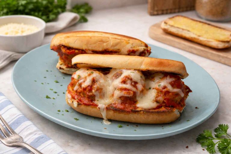 Best meatball subs on a blue plate