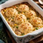 Chicken and biscuit casserole in a casserole dish