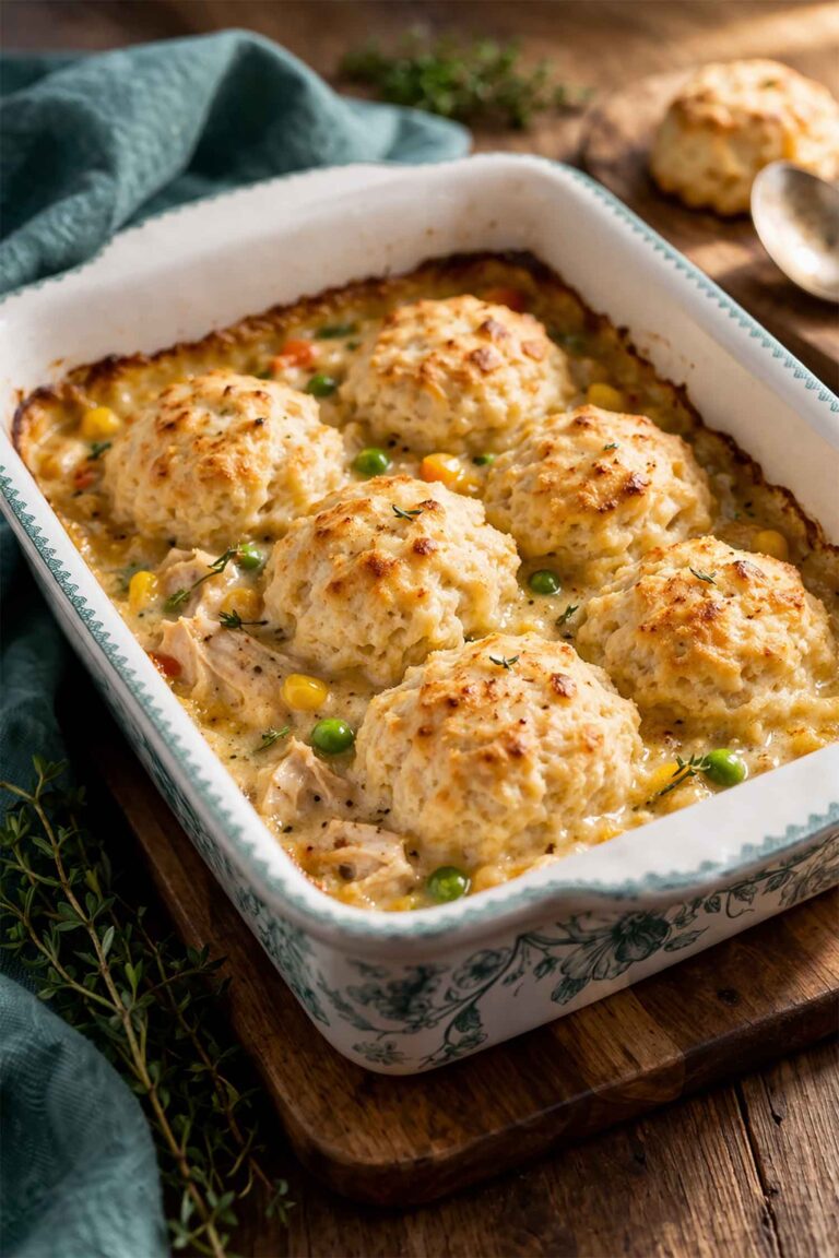 Chicken and biscuit casserole in a casserole dish