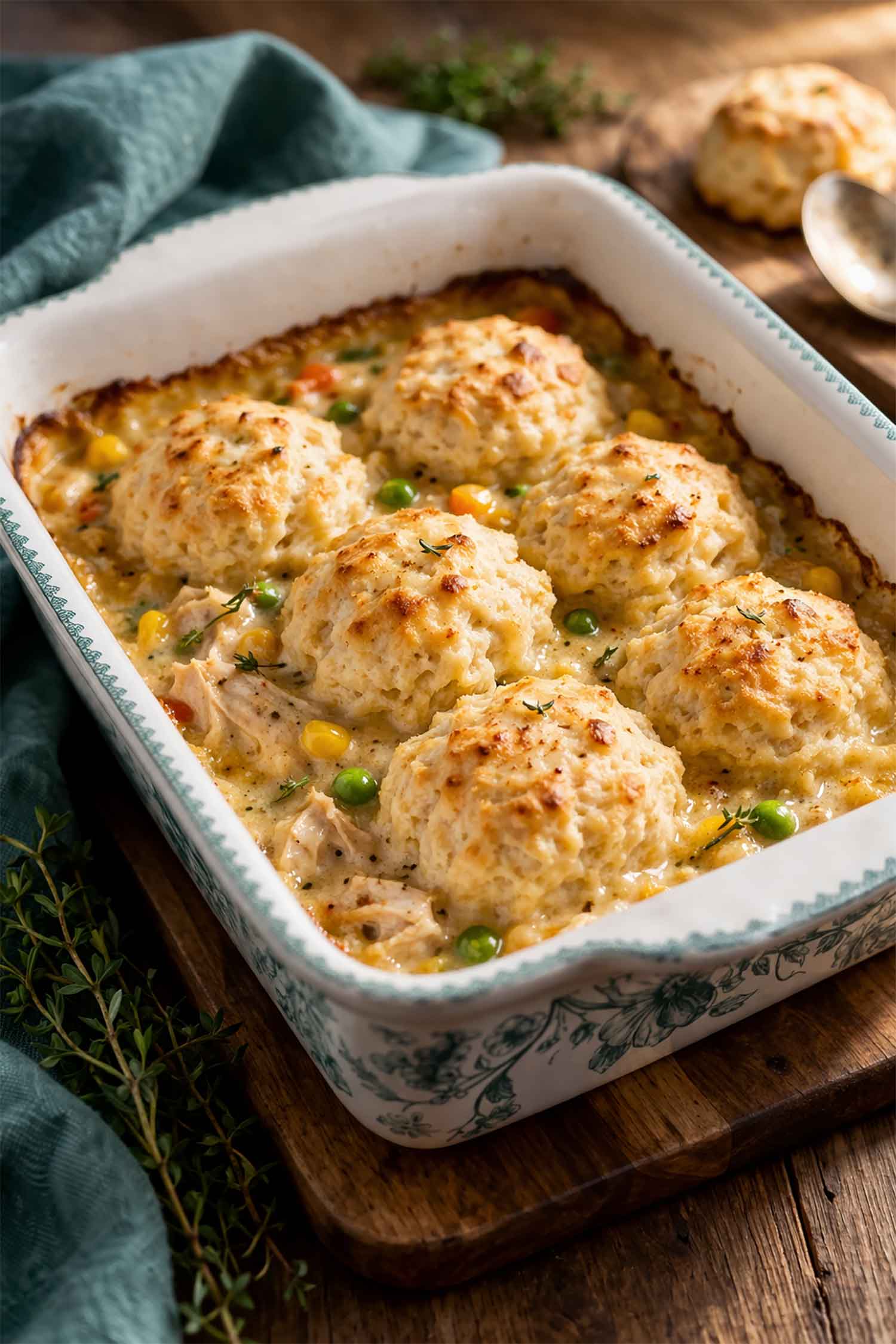 Chicken and biscuit casserole in a casserole dish