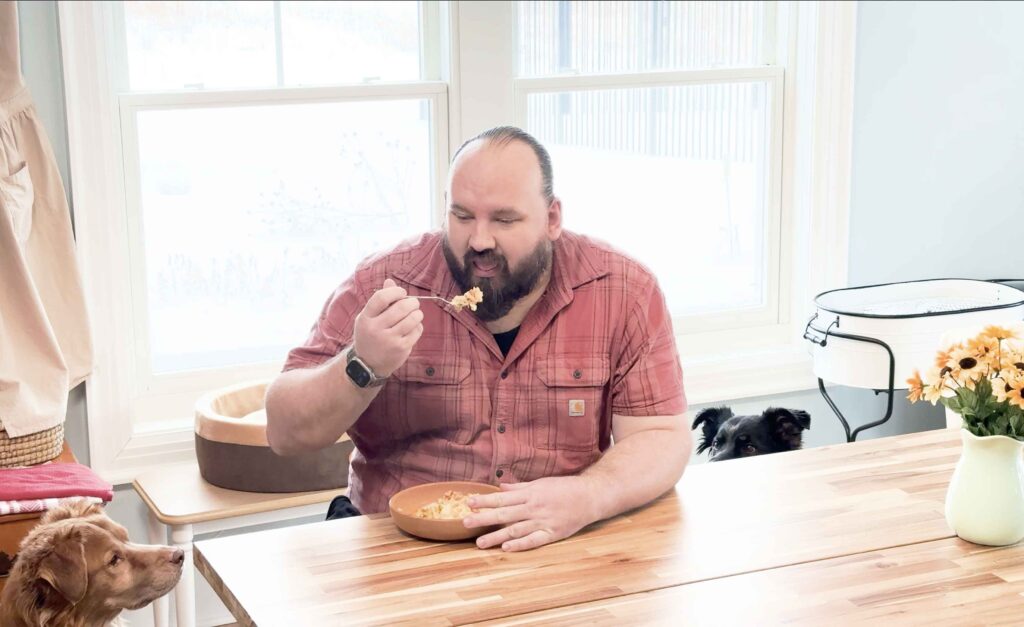 Greg eats leftover chicken and biscuit casserole