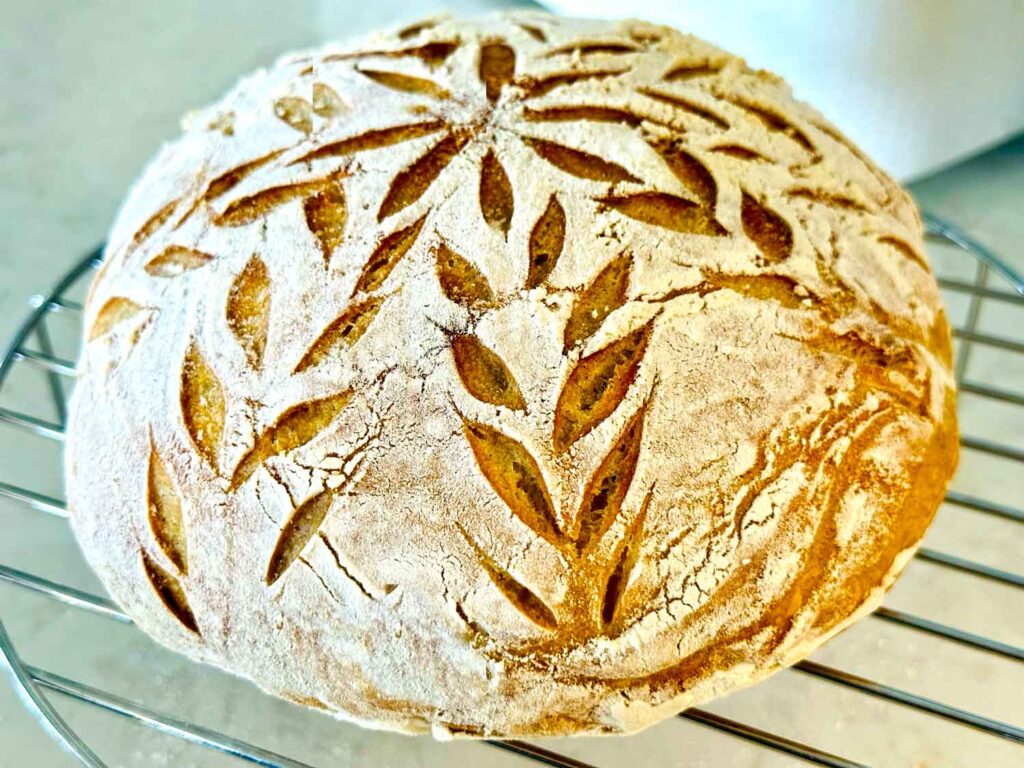 Pretty loaf of sourdough with a wheat pattern cut into it.