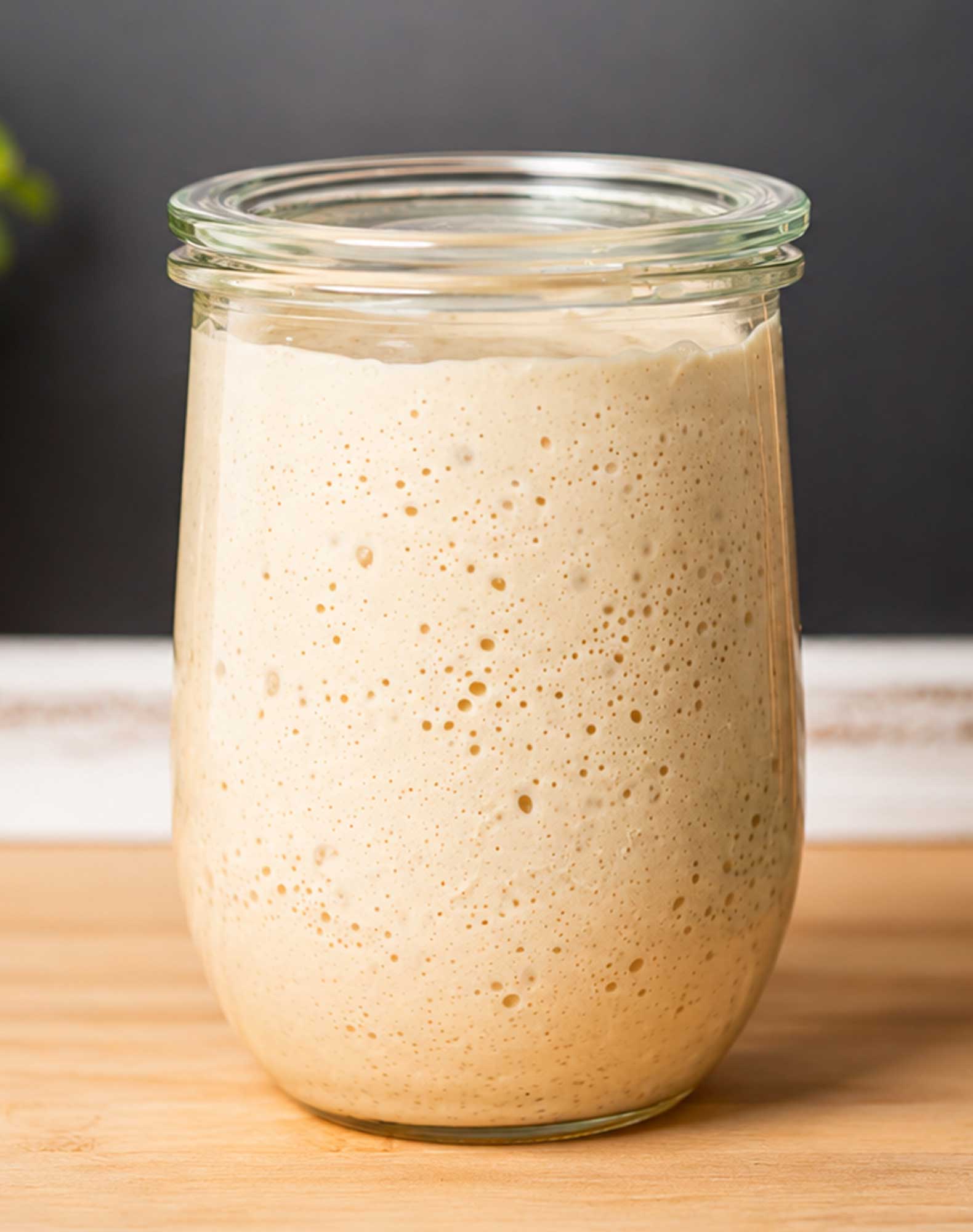 Active sourdough starter in a glass jar at its peak