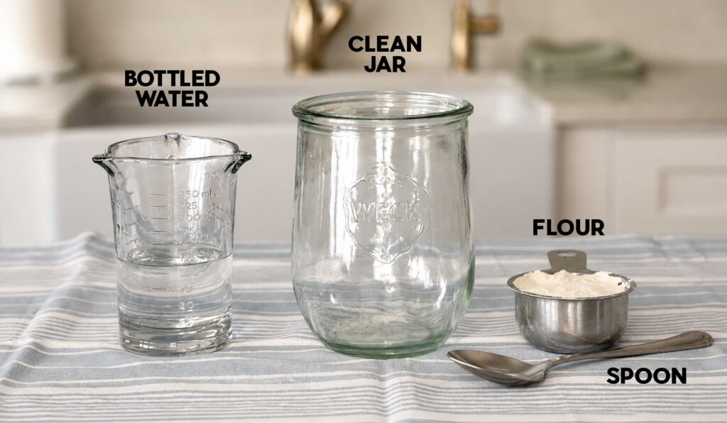Water, jar, flour, and spoon to make sourdough starter from scratch