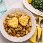 Chicken Pot Pie Casserole with heart-shaped biscuits