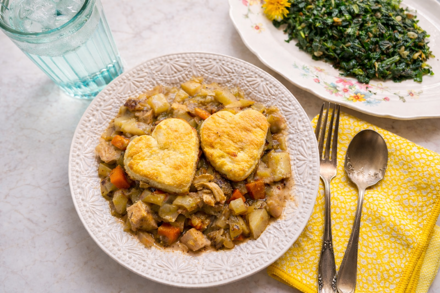 Chicken Pot Pie Casserole with heart-shaped biscuits