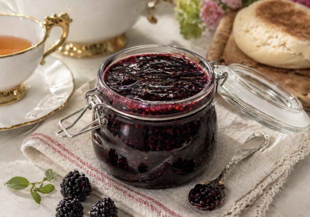 Blackberry jam in a glass pot