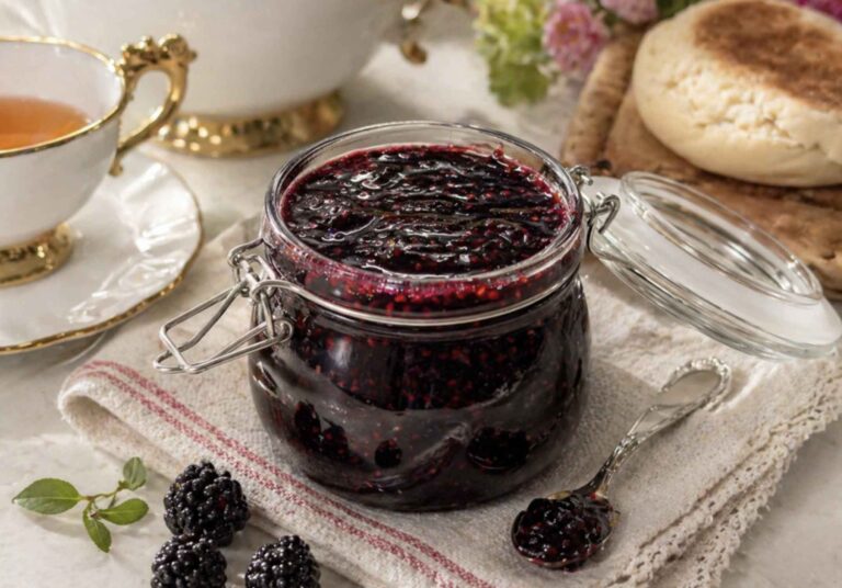 Blackberry jam in a glass pot