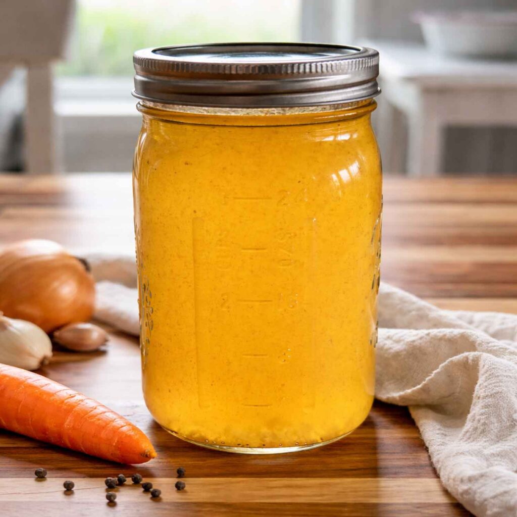 Homemade chicken broth in a jar