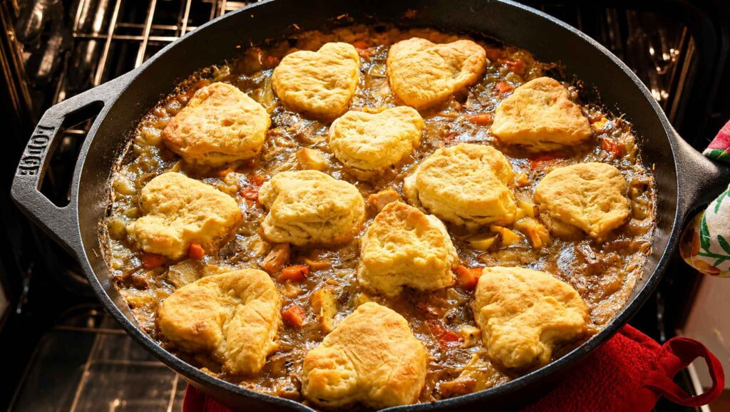 Chicken Pot Pie casserole in a cast iron skillet