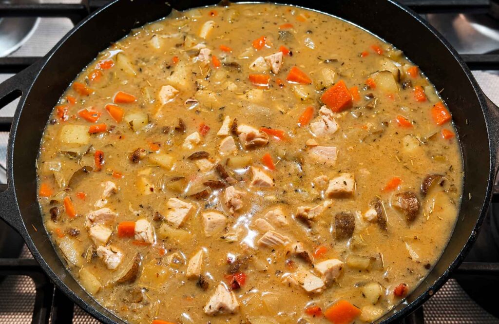 Cooking the filling for the chicken pot pie casserole