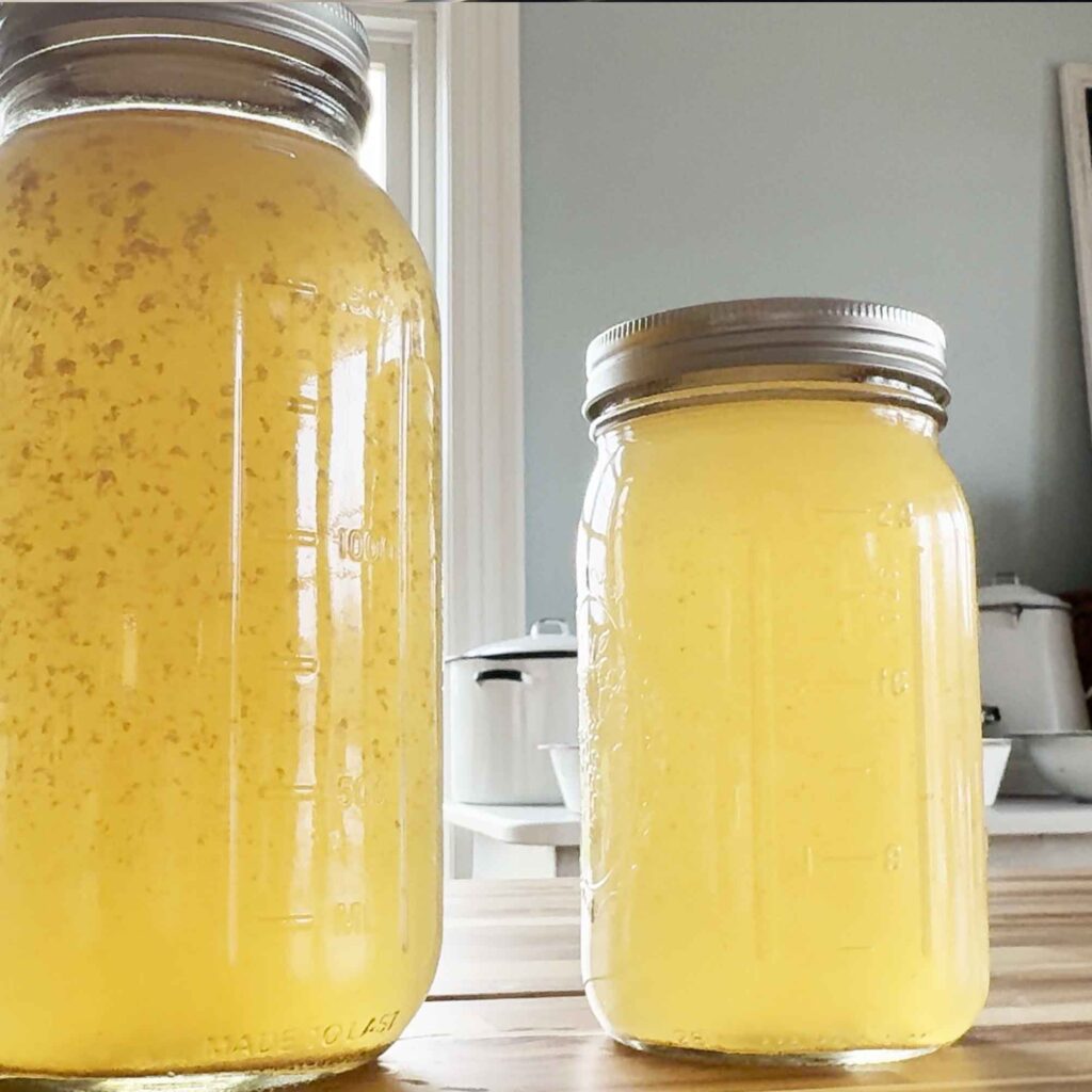 The finished chicken stock in jars