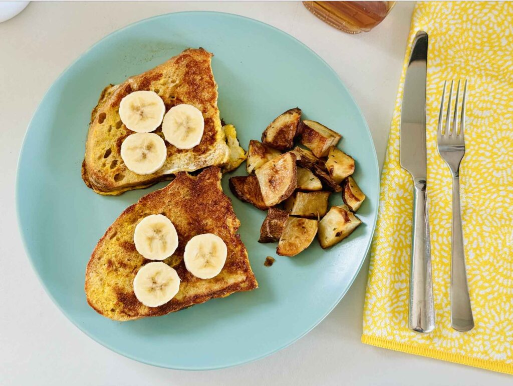French Toast made from sourdough bread and some roasted potatoes