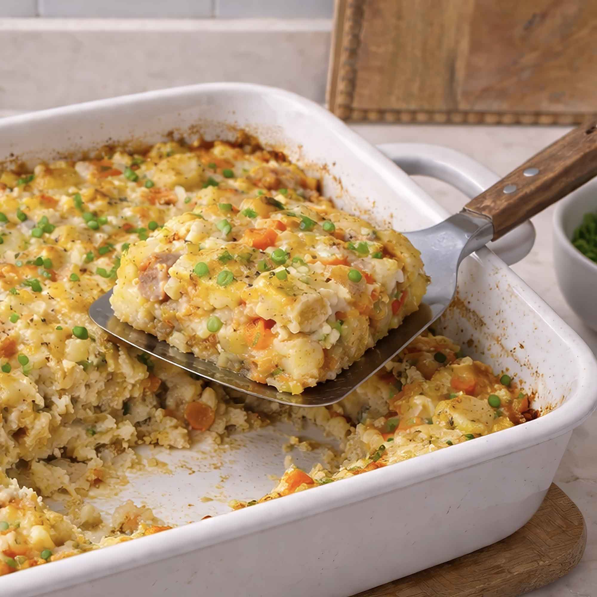 Egg and potato breakfast casserole being scooped out of dish