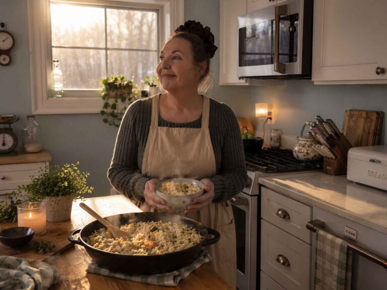 Jennifer in her kitchen with a skillet of chicken and rice