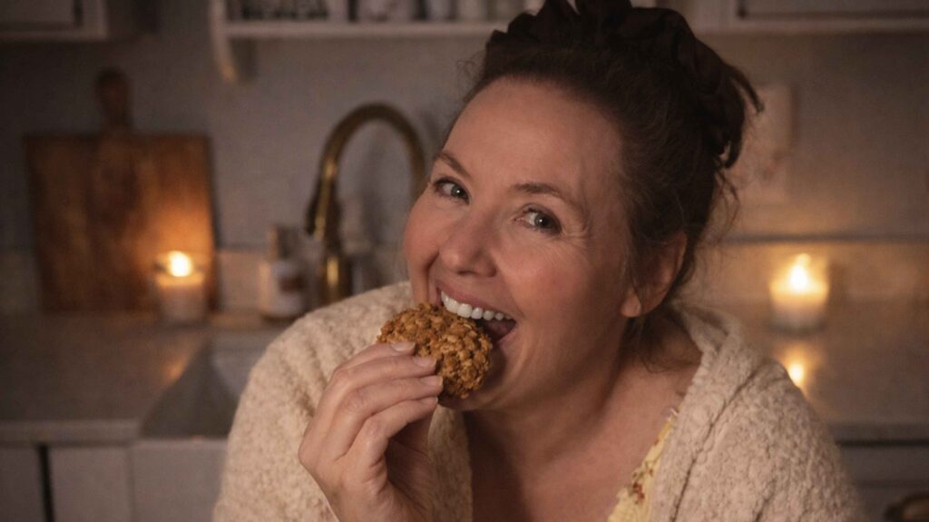 Jennifer eating an oatmeal peanut butter cookie in her kitchen in the evening