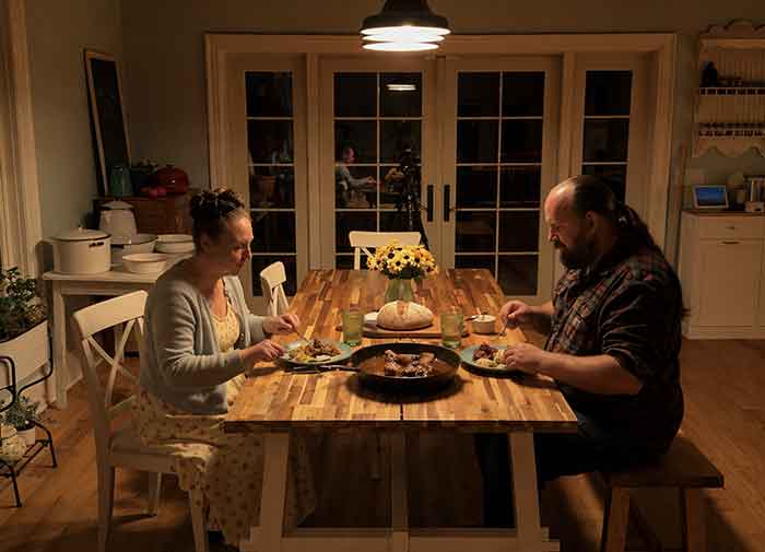 Jennifer and Greg eating at dining table