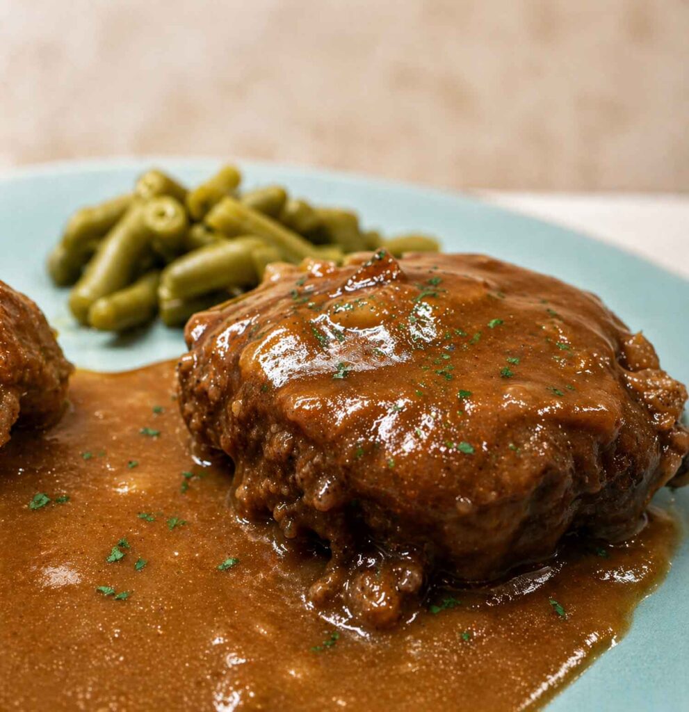 Salisbury steak with gravy on a blue plate