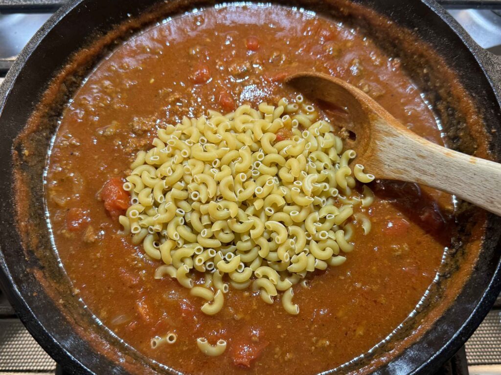 Macaroni added to goulash sauce