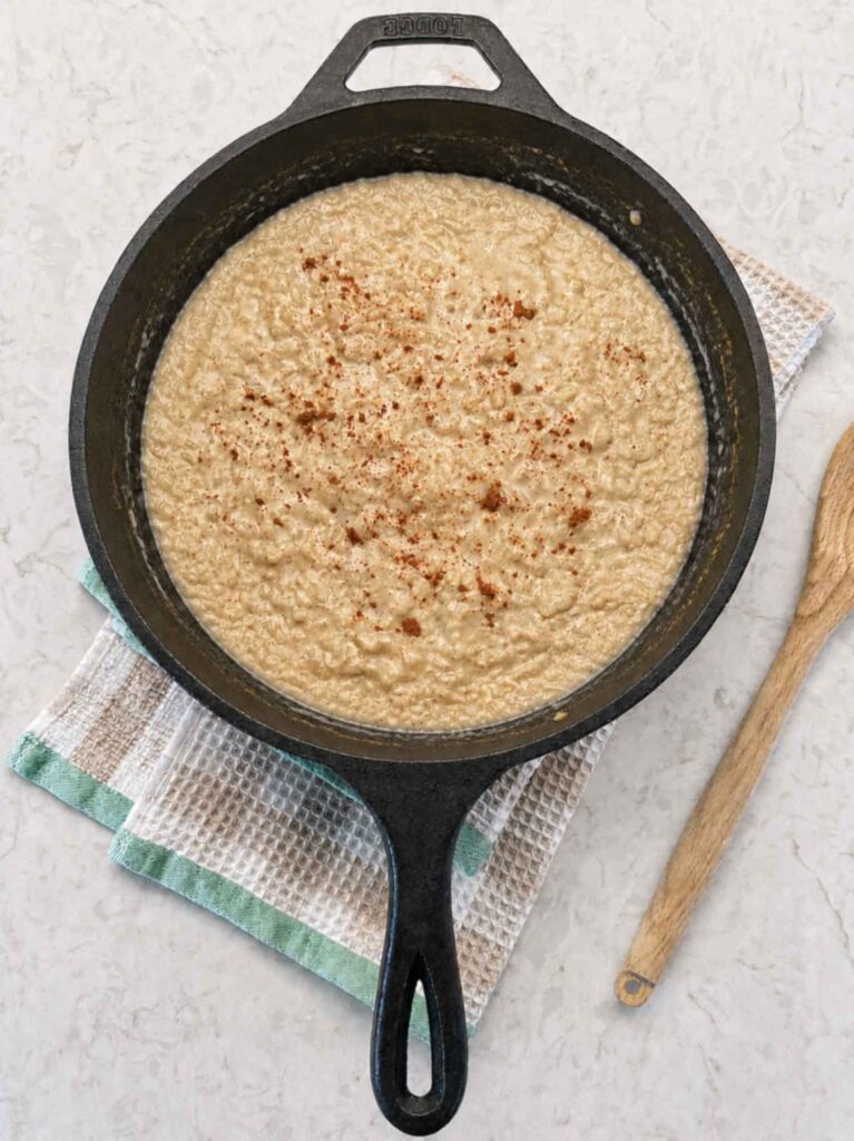 Baked rice pudding in cast iron pot