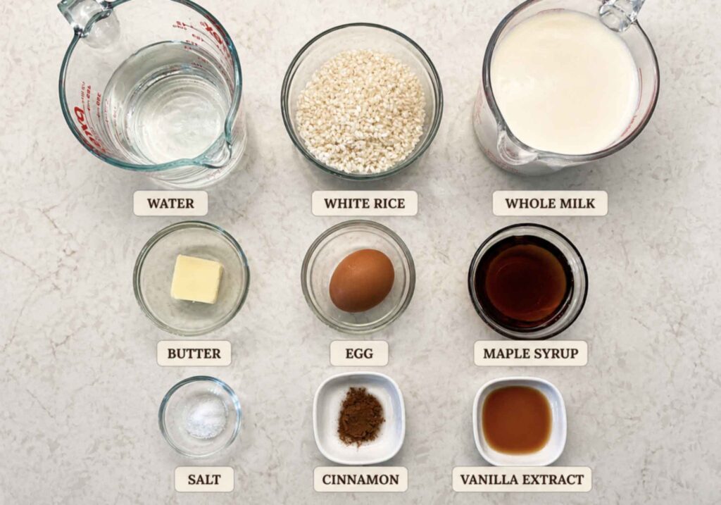 Ingredients for baked rice pudding