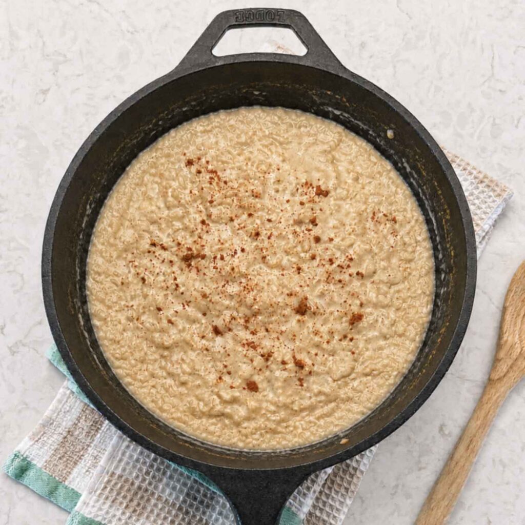Baked rice pudding in cast iron pot