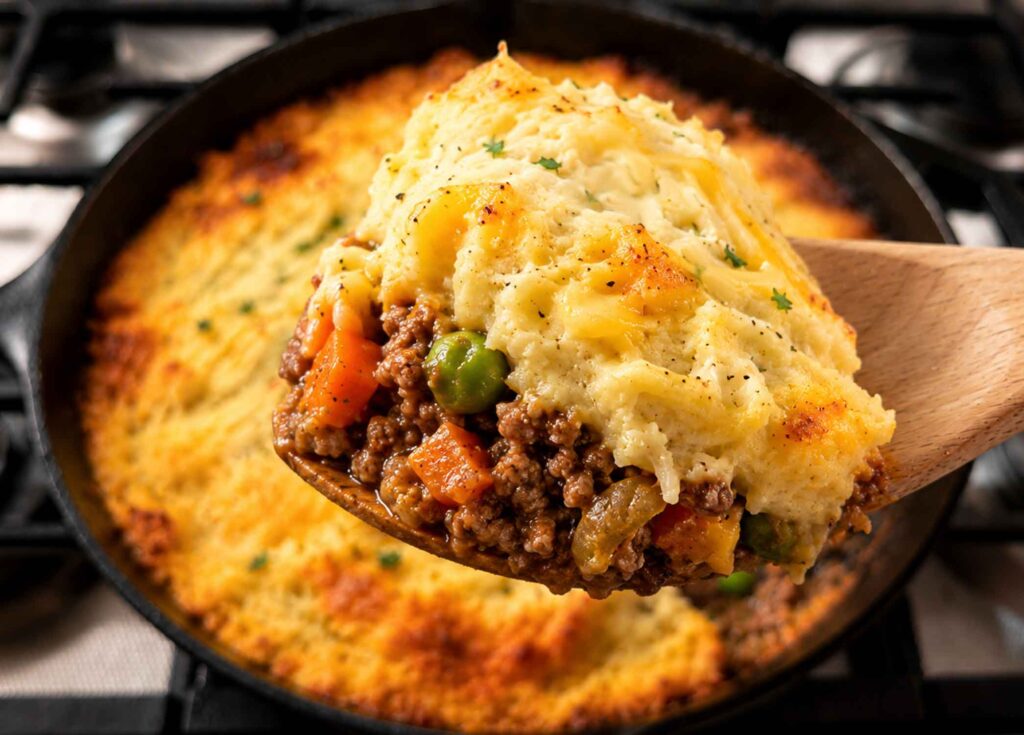 Best Shepherd's Pie being dished out of skillet with a wooden spoon