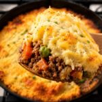 Best Shepherd's Pie being dished out of skillet with a wooden spoon
