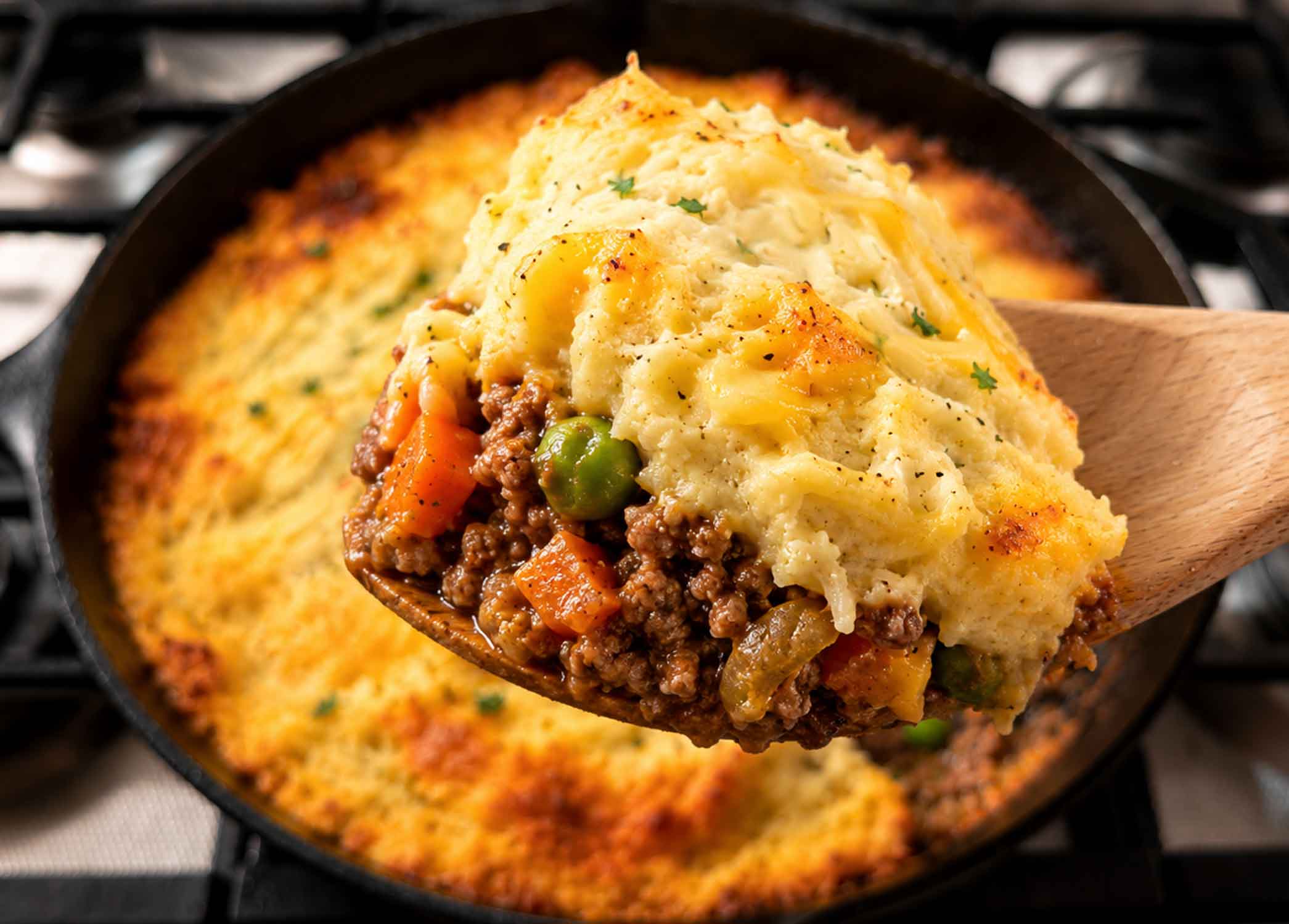 Best Shepherd's Pie being dished out of skillet with a wooden spoon