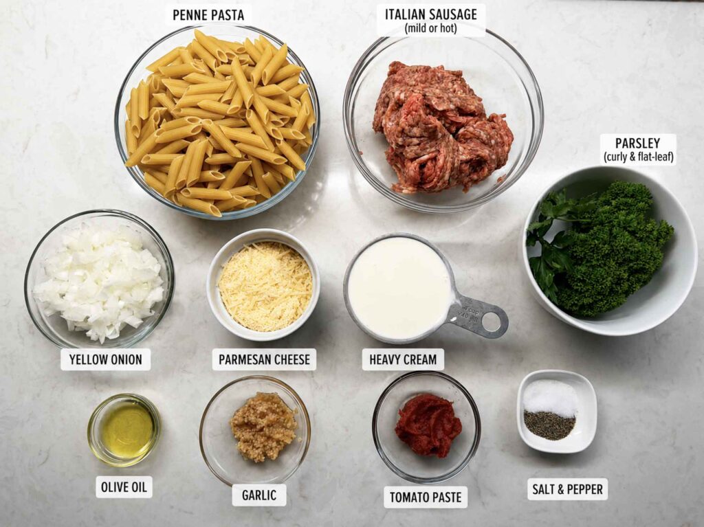 Ingredients for creamy sausage pasta in bowls on the counter