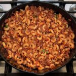 easy American goulash in a cast iron skillet