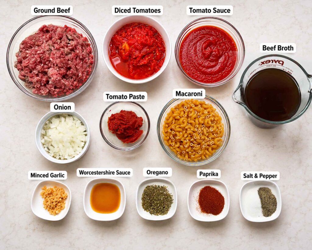 Ingredients in bowls and pinch plates to make an easy goulash