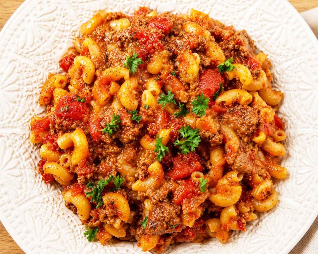 easy goulash in white bowl