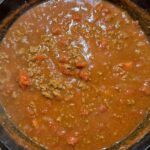 Goulash simmering in pot