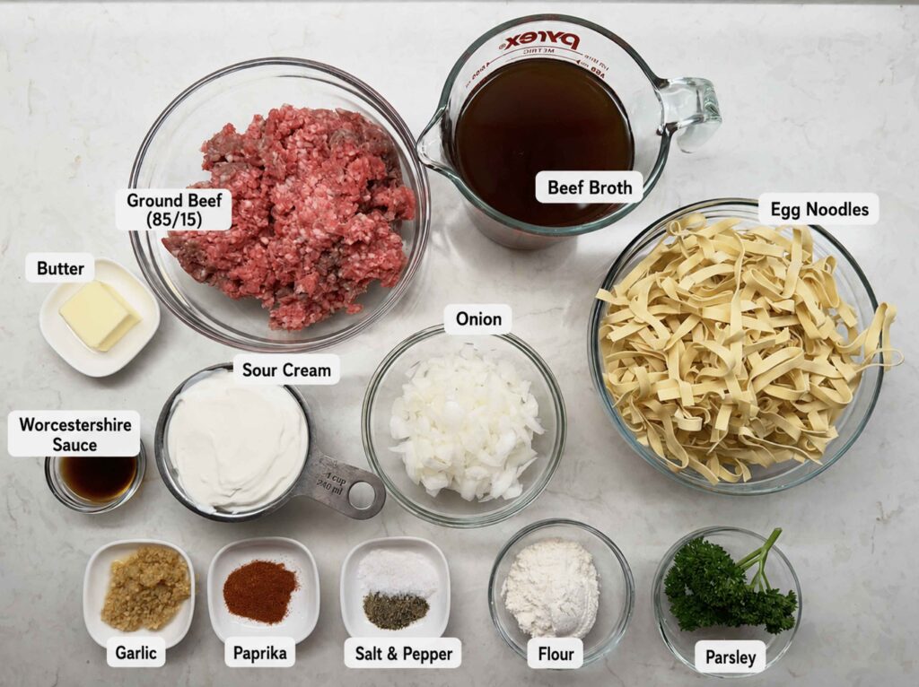 Ingredients for ground beef stroganoff on a counter
