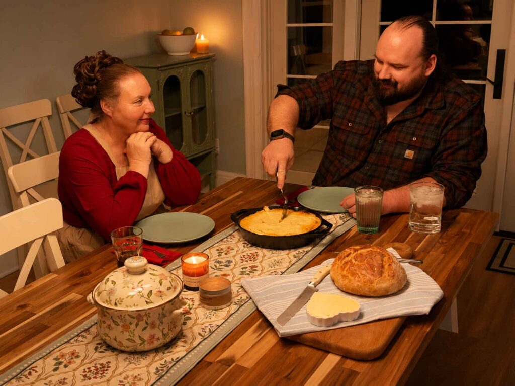 Jennifer and Greg eating shepherds pie on Maker Farm
