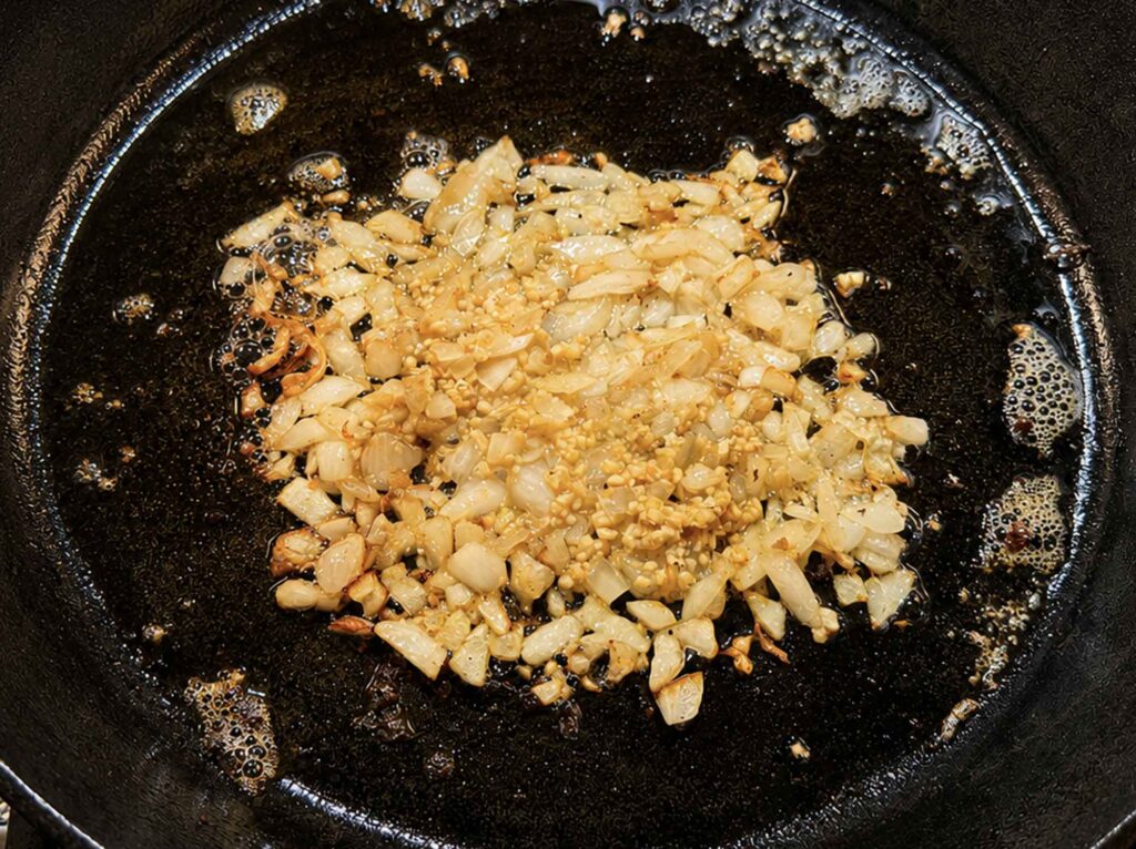 Onions and garlic in a skillet