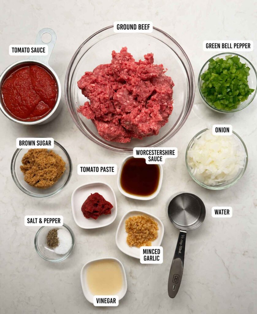 Ingredients to make sloppy joes in a small bowls