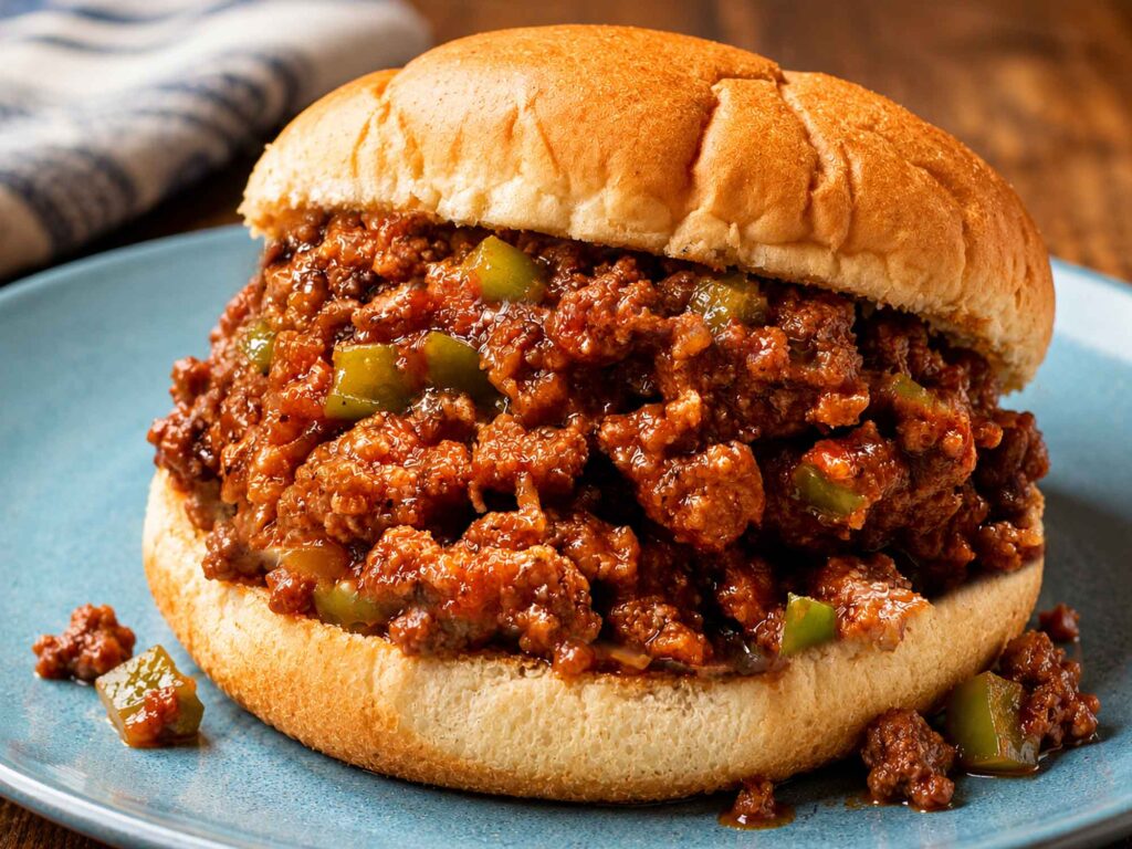 Sloppy joe filling in a burger bun