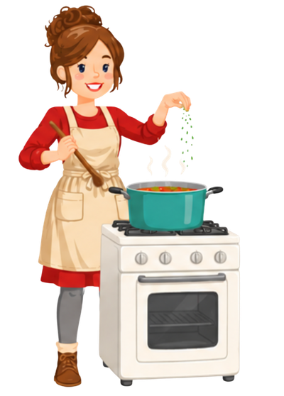 Jenny Maker with a pot on a stove