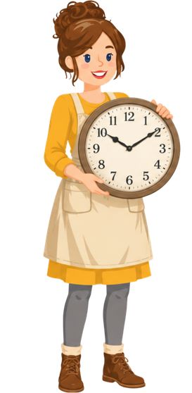 Jenny Maker with a big clock
