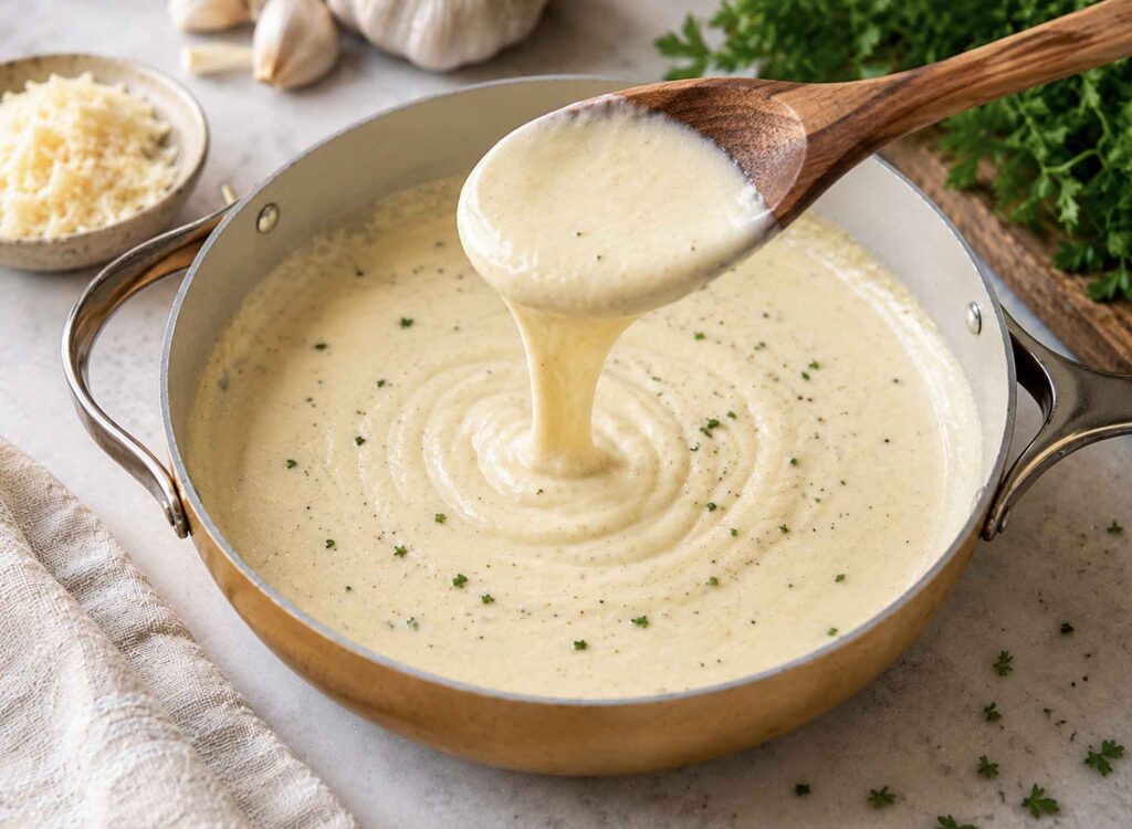 A wooden spoon lifting creamy Alfredo sauce from a skillet