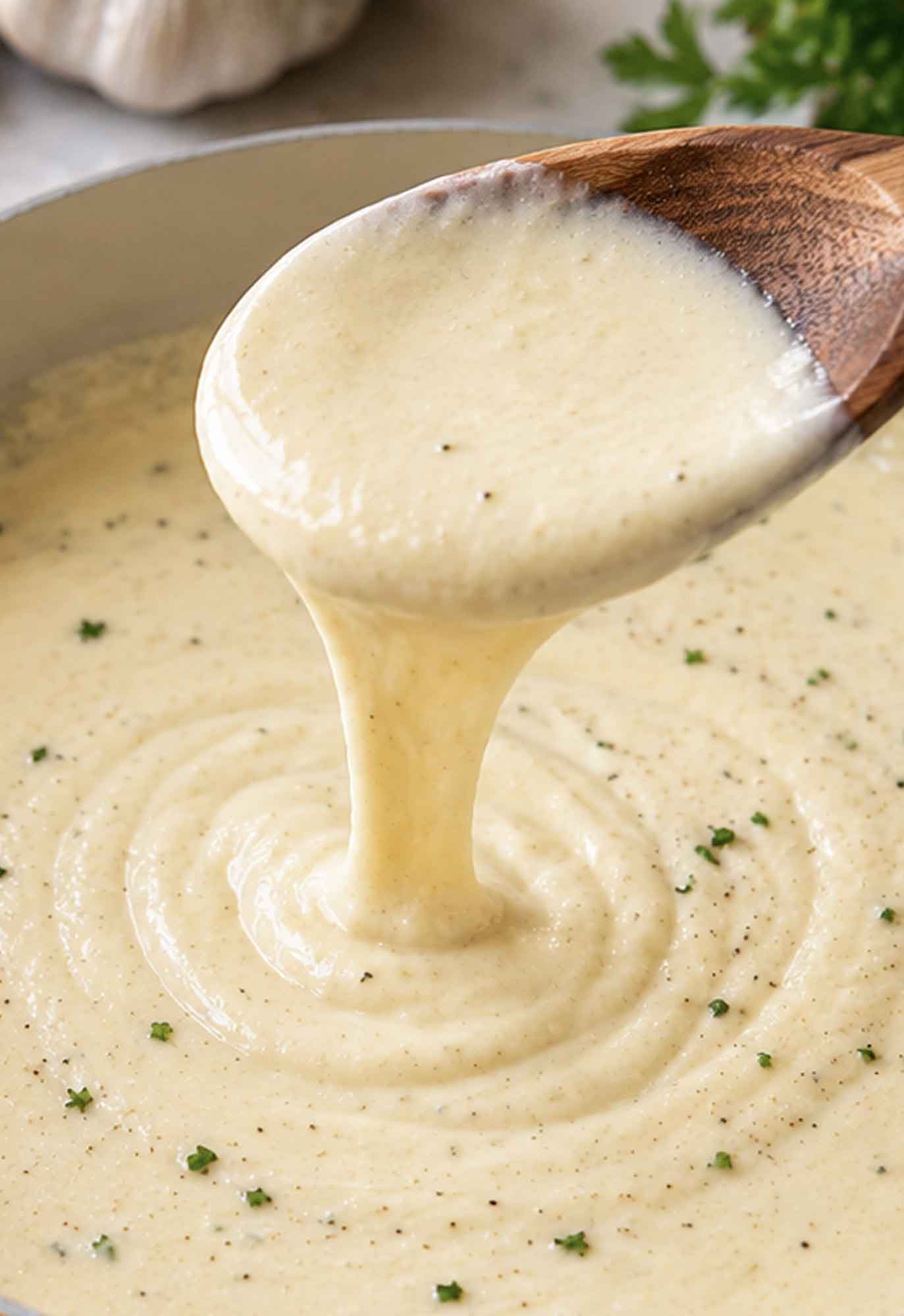 A wooden spoon lifting creamy Alfredo sauce from a skillet