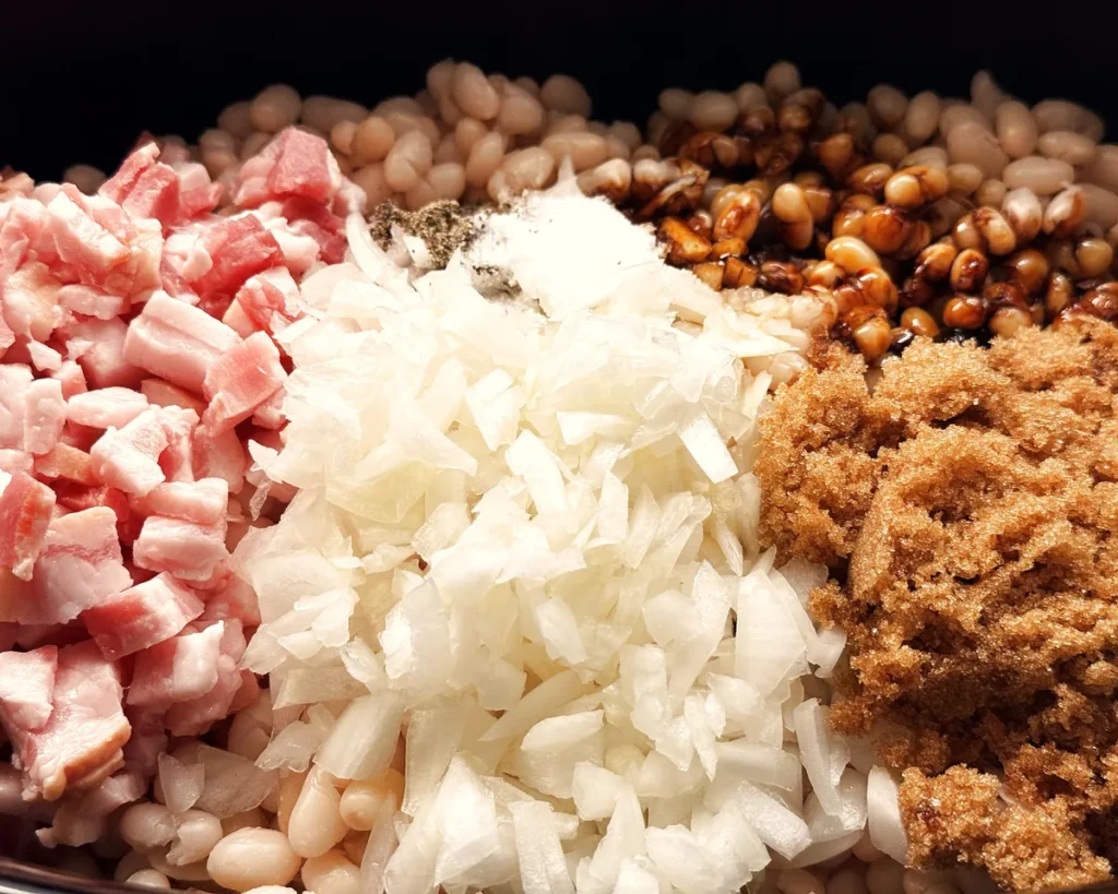 Baked bean ingredients in a slow cooker