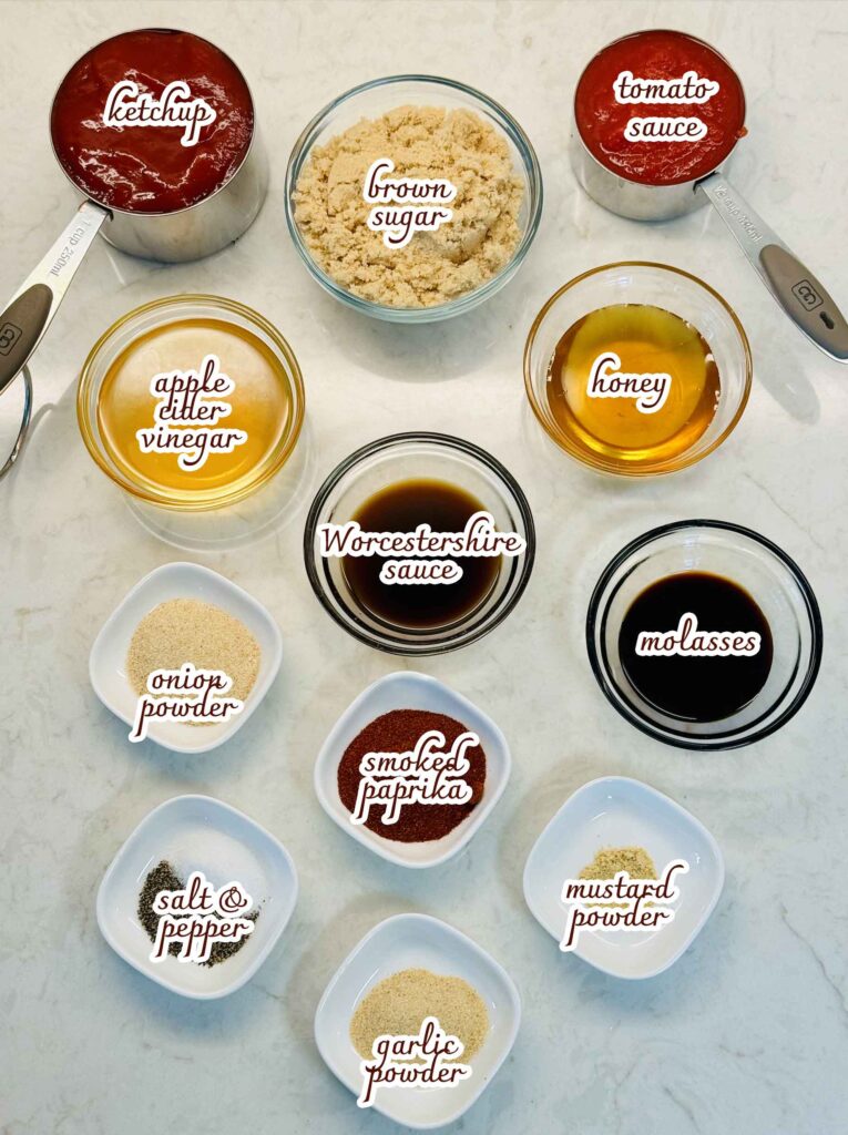 ingredients to make homemade bbq sauce in bowls