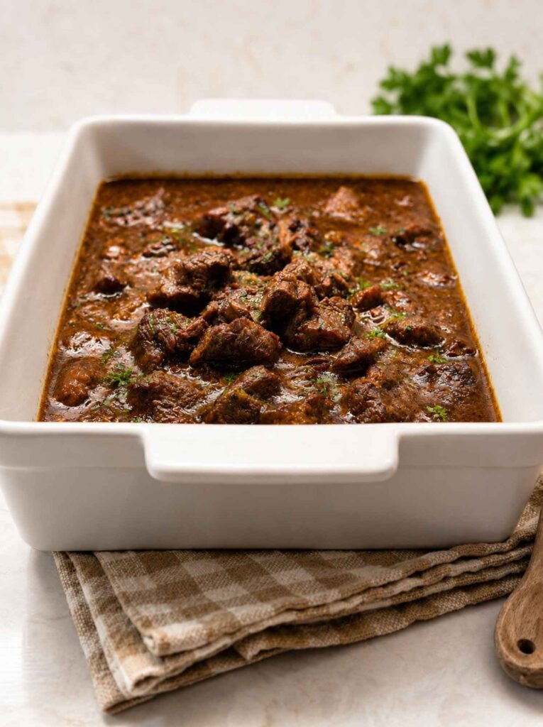 Beef tips and gravy in a serving dish