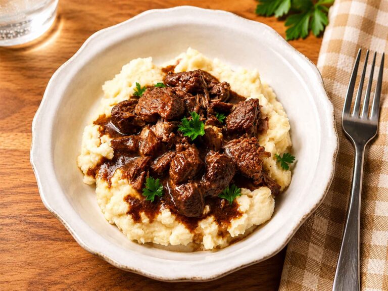 Beef tips and gravy over mashed potatoes in a bowl on our dinner table