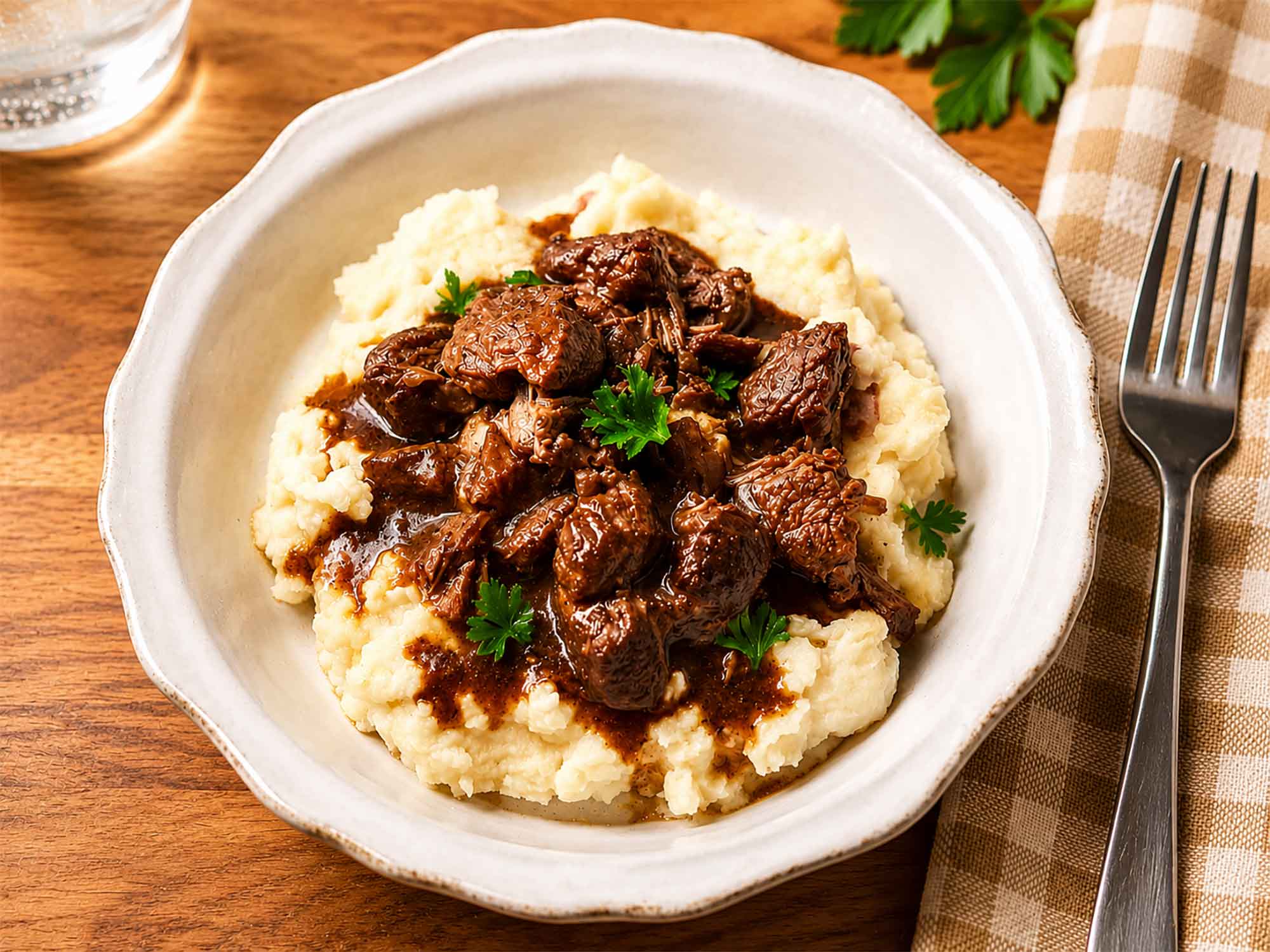 Beef tips and gravy over mashed potatoes in a bowl on our dinner table