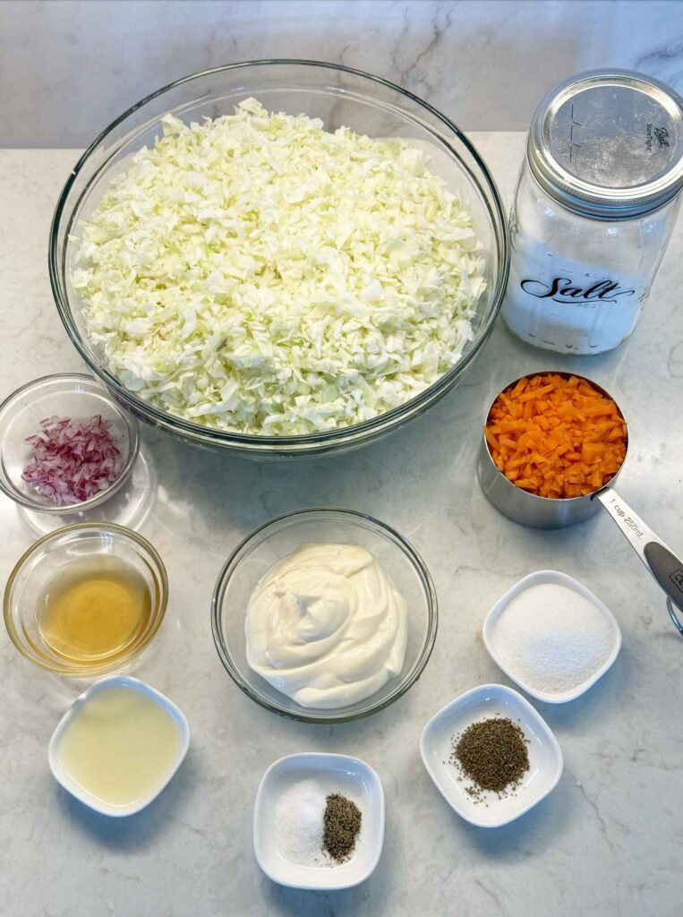Ingredients for coleslaw in bowls